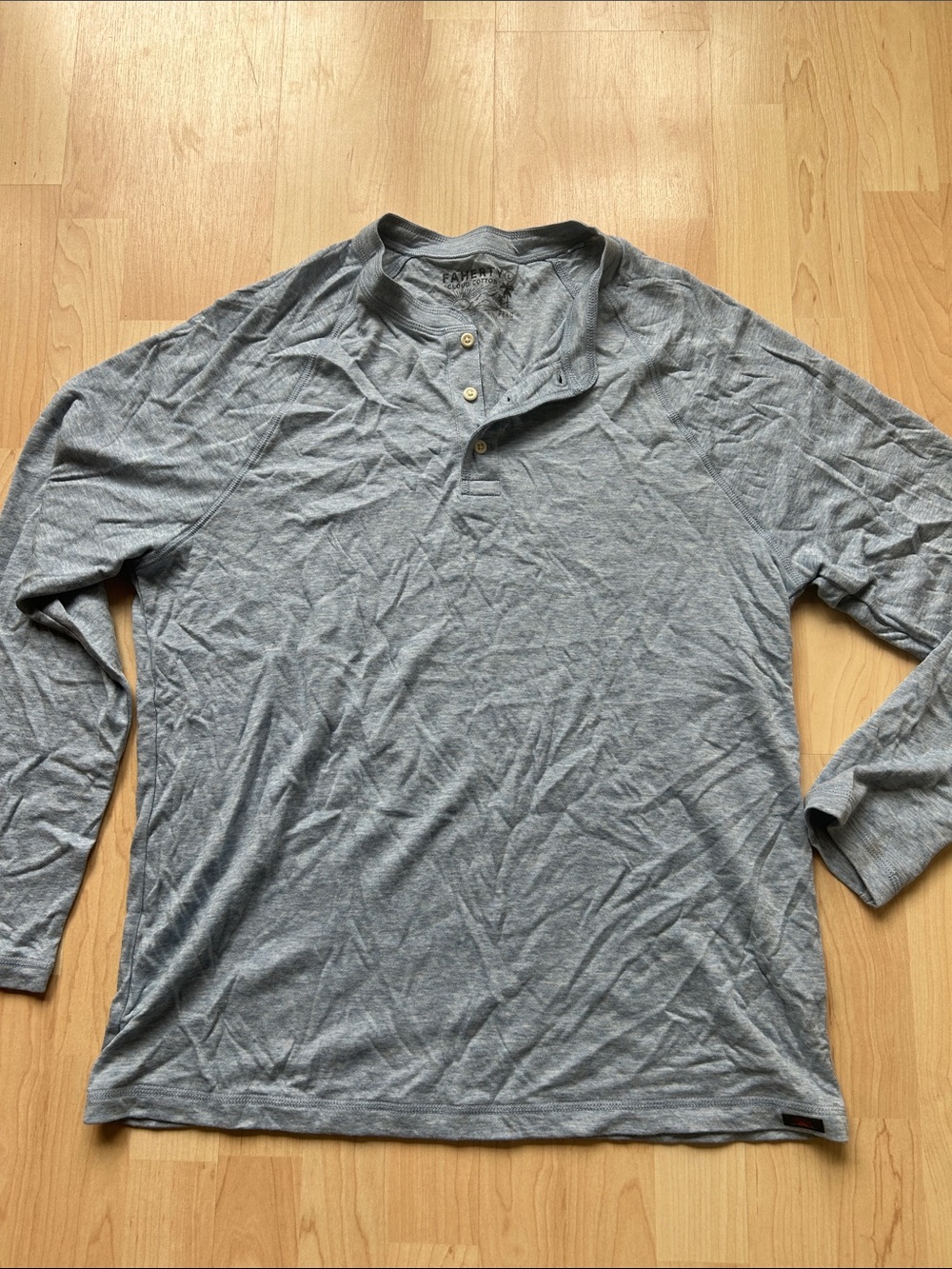 Faherty Long-Sleeve Henley in Heather Gray Pima cotton and model size large